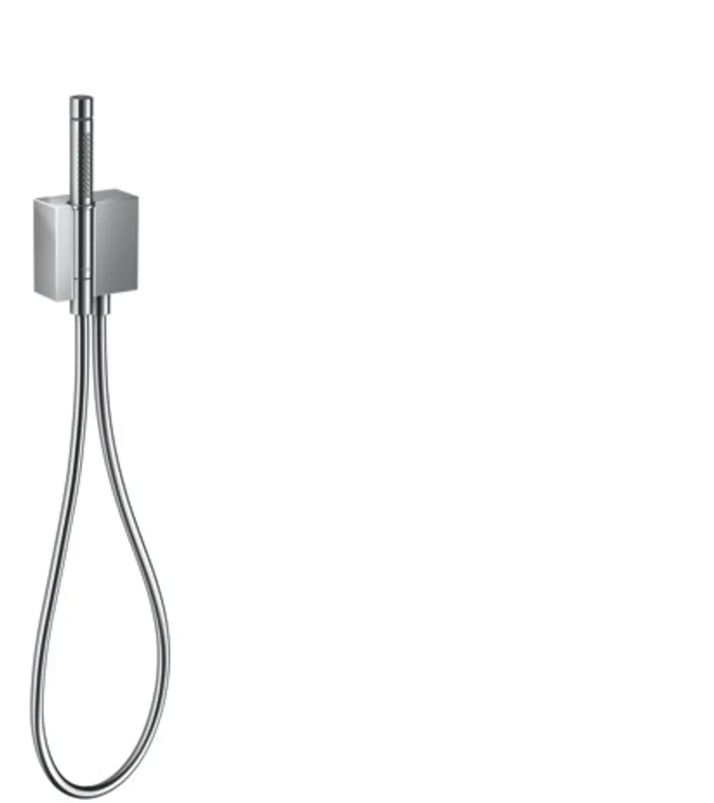 Stabhandbrause in Chrom mit flexiblen Schlauch, montiert an einer Wandhalterung. Teil der AXOR Edge Kollektion für moderne Badgestaltung.